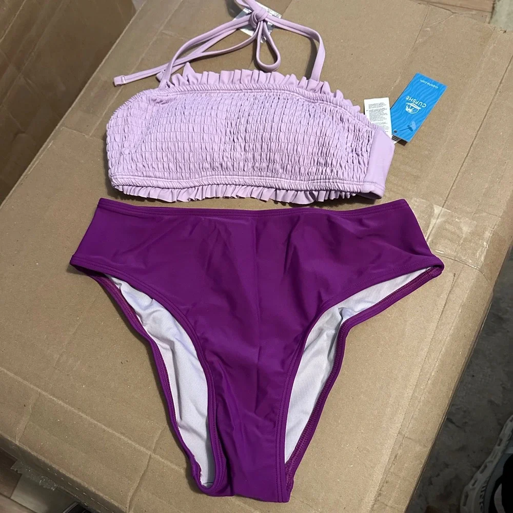 NEW Cupshe Womens Lavender Smocked Bandeau Halter Bikini Set Purple Size‎ XS
